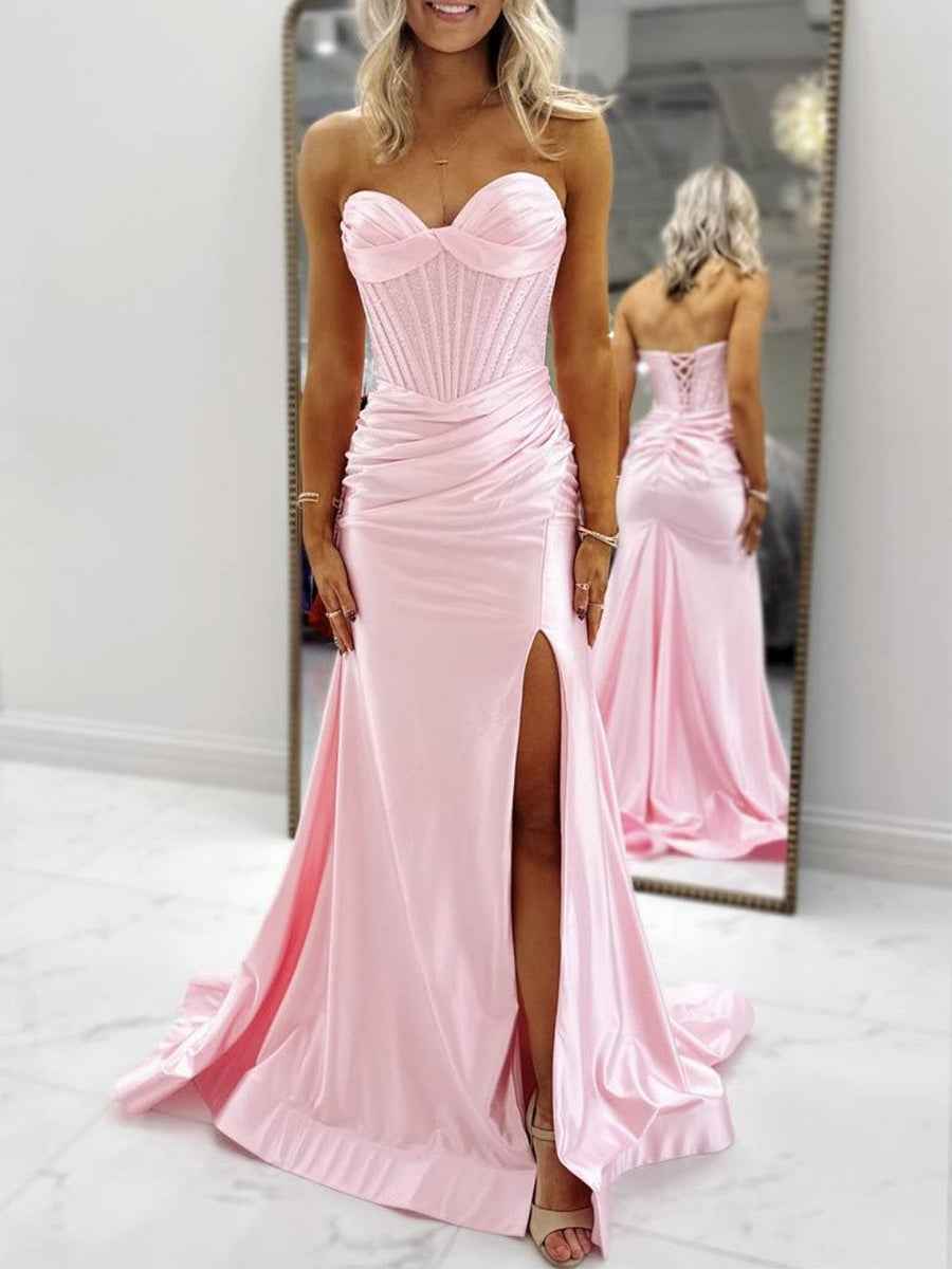 Light Blue Strapless Beaded Corset Satin Prom Dress with Slit