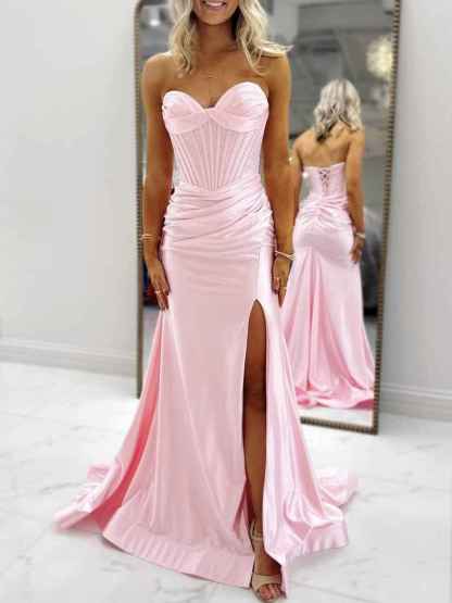 Light Blue Strapless Beaded Corset Satin Prom Dress with Slit