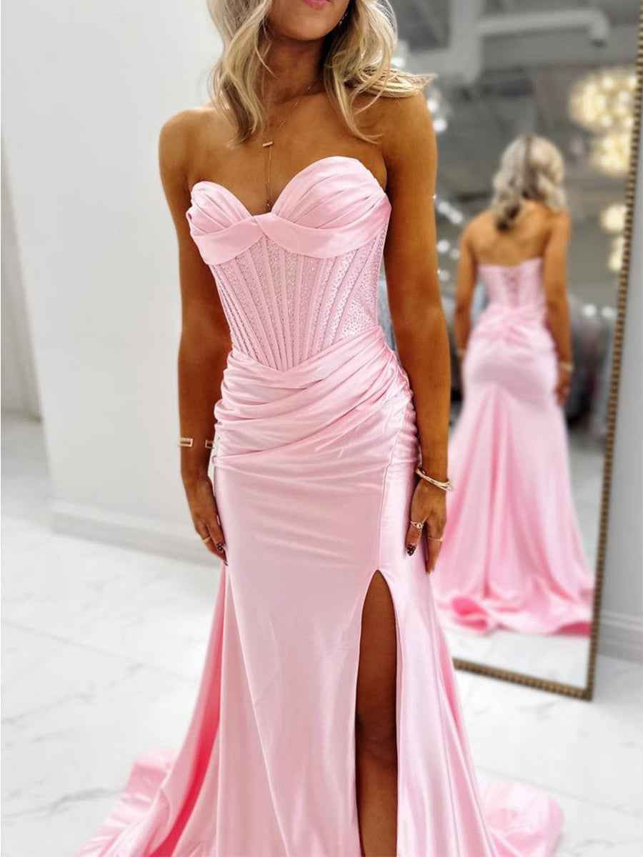 Light Blue Strapless Beaded Corset Satin Prom Dress with Slit