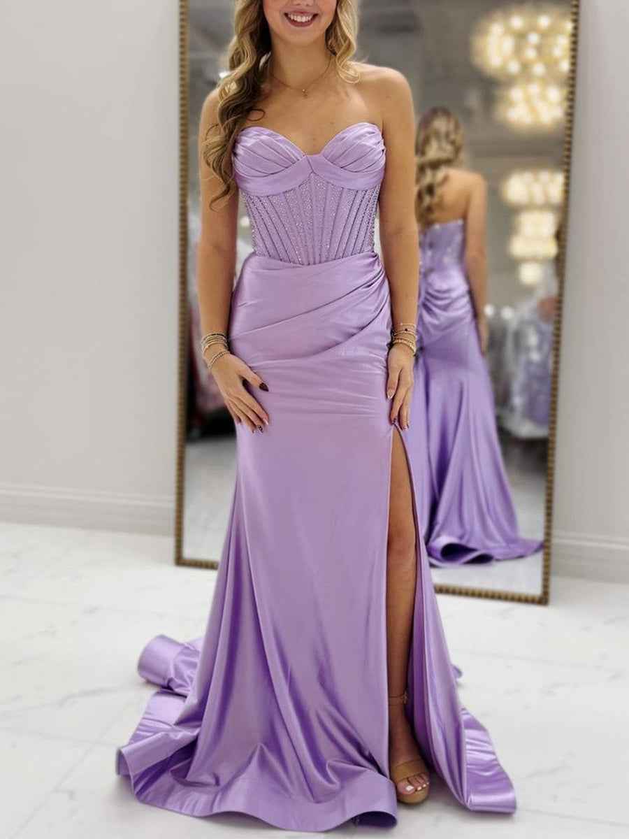 Light Blue Strapless Beaded Corset Satin Prom Dress with Slit
