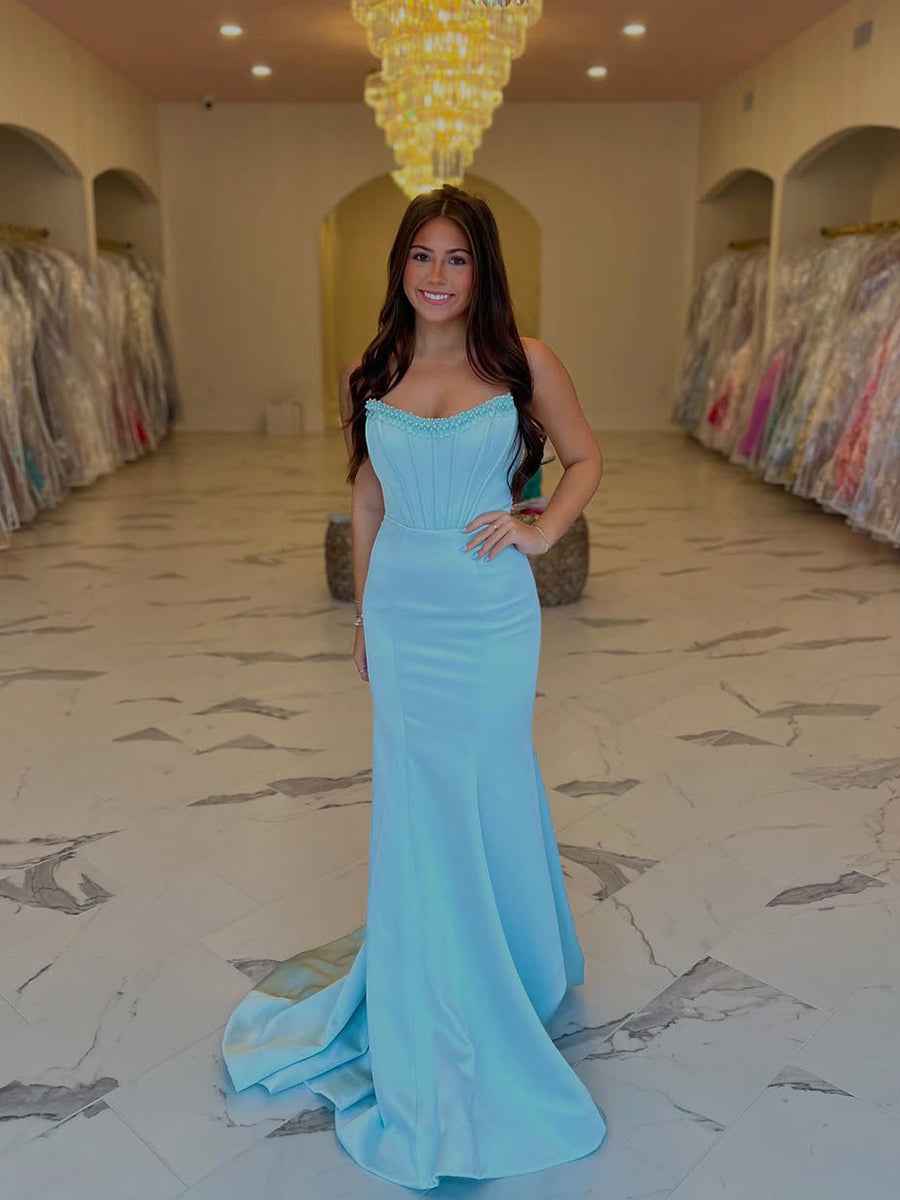 Light Blue Strapless Corset Mermaid Prom Dress with Beaded Trim