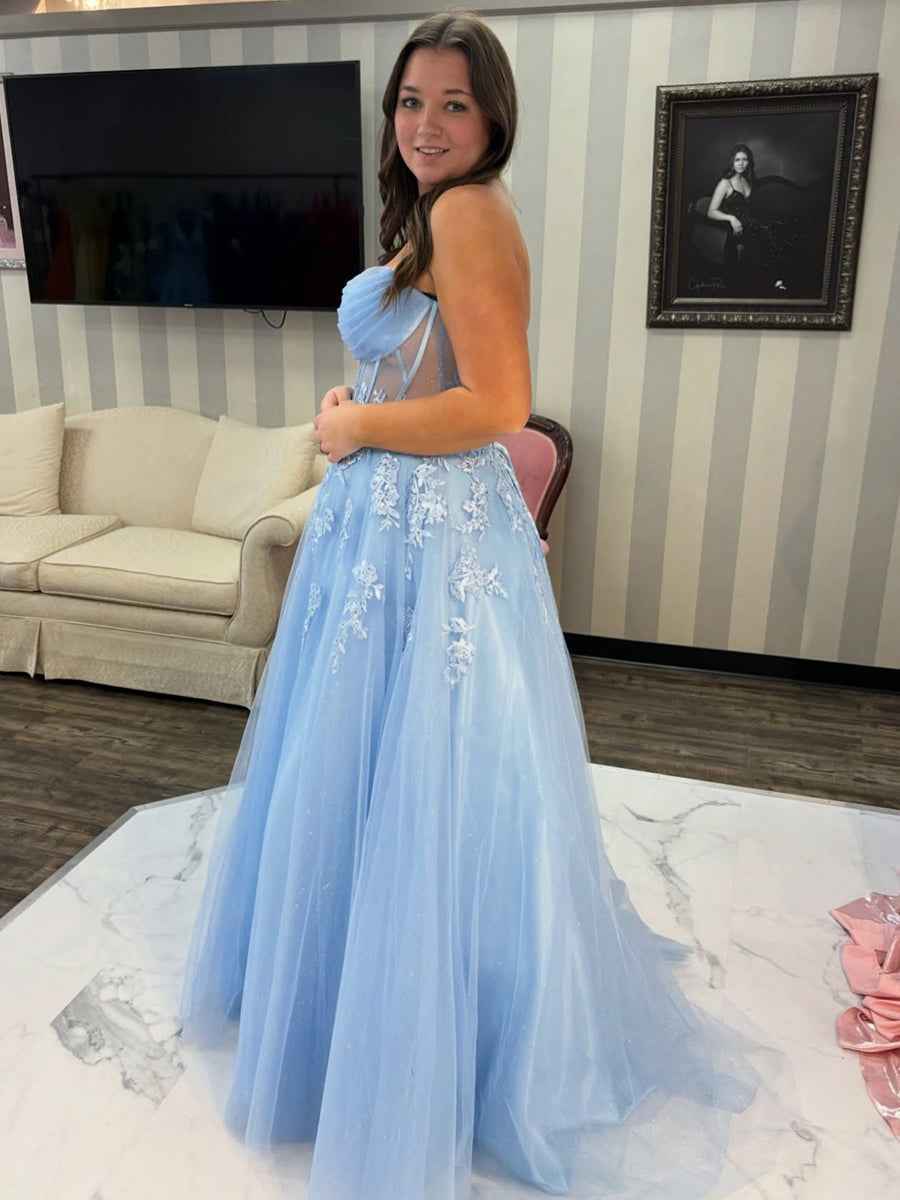 Light Blue Strapless Lace Applique Sheer Corset Prom Dress