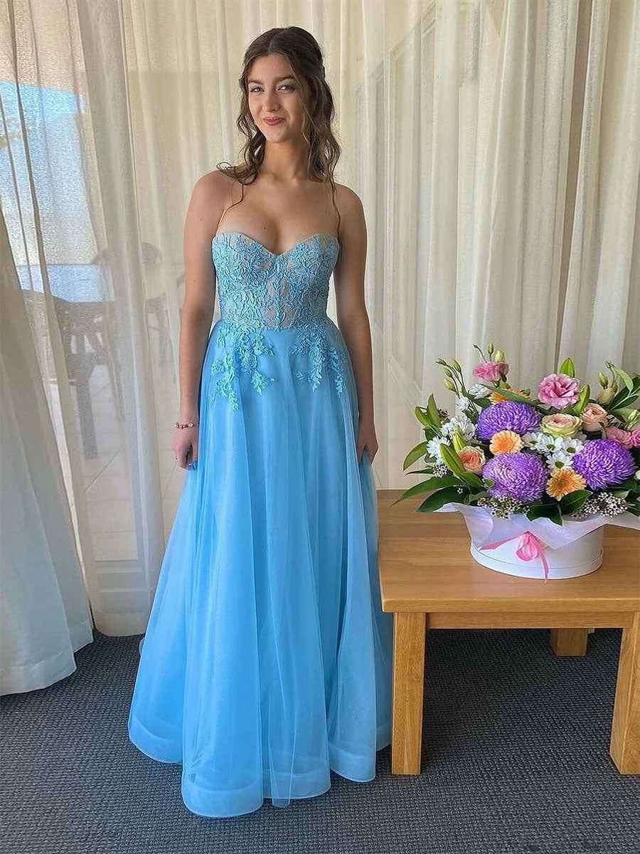 Light Blue Strapless Tulle Prom Dress with Floral Lace Applique|s