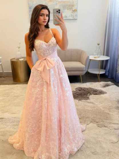 Light Pink A Line Sequin Long Prom Dress with Bow