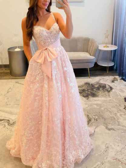 Light Pink Strapless A Line Sequin Long Prom Dress with Bow
