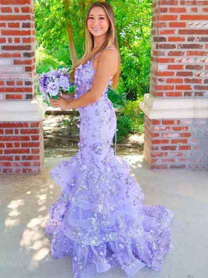 Purple Mermaid Spaghetti Straps Long Prom Dress with Appliques