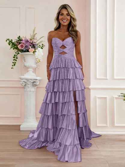 A Line Strapless Sweetheart Satin Prom Dress with Keyhole