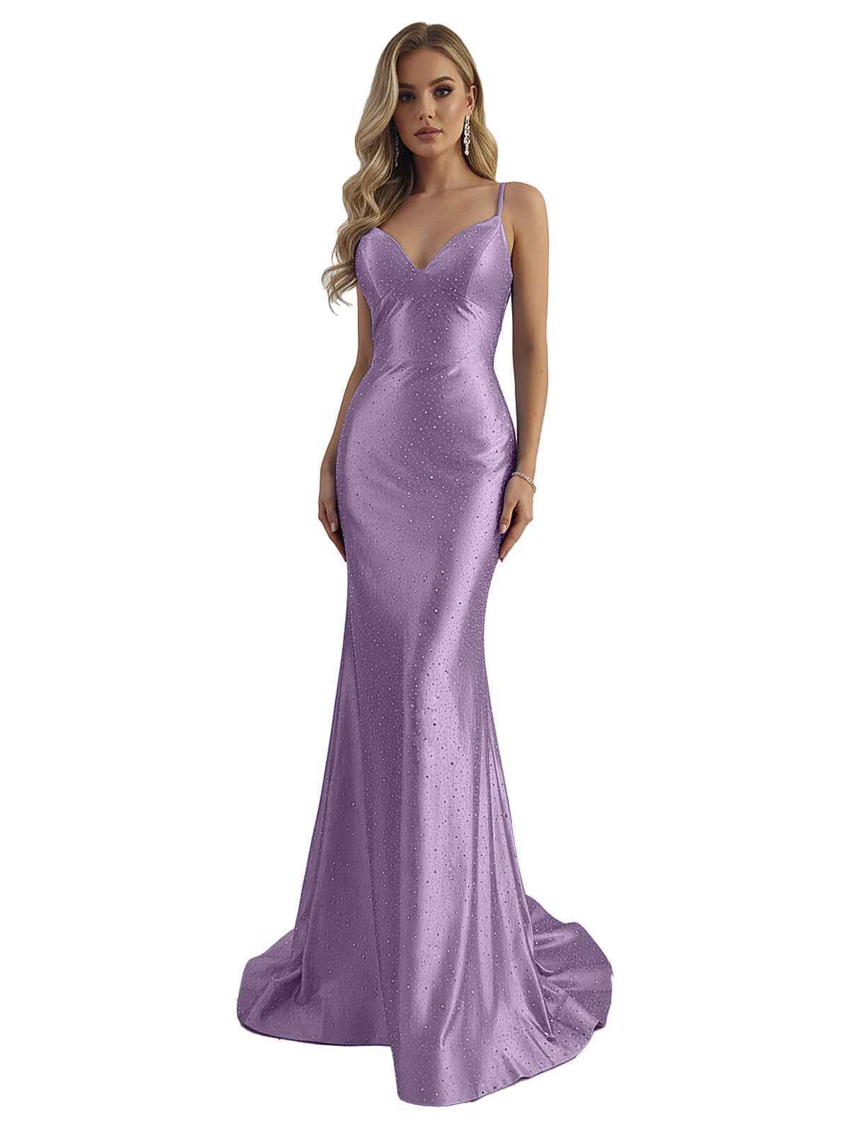 Blue Mermaid Spaghetti Straps V-Neck Rhinestone Long Prom Dress