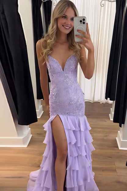 Sparkly Lilac Lace Appliques Sheath Tiered Long Chiffon Prom Dress with Slit