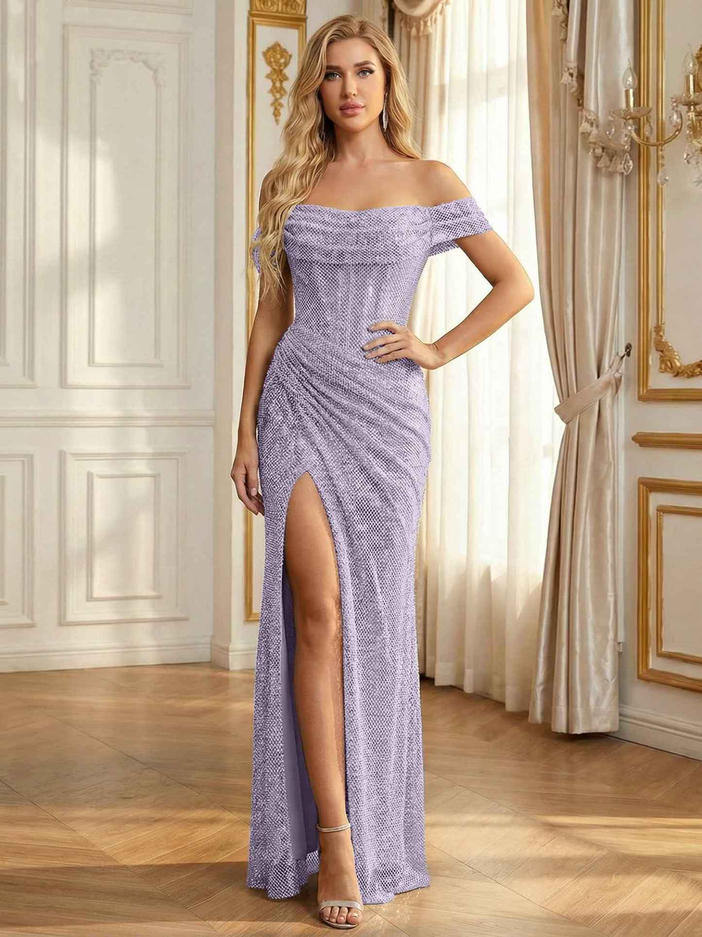 Sparkly Off-the-Shoulder Mesh Ruched Bodice Long Prom Dress with High Slit