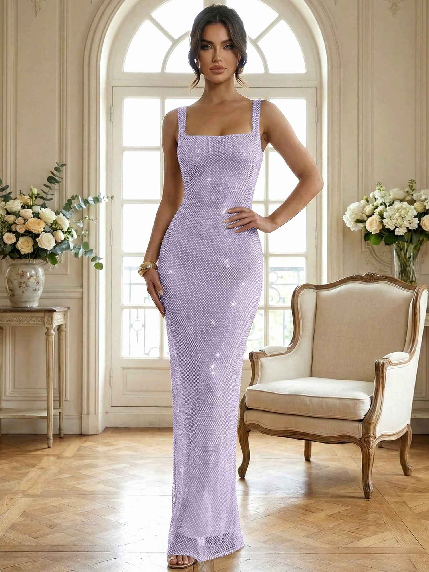 Sparkly Champagne Crystal Mesh Square Neck Long Prom Dress