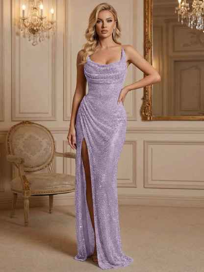 Silver Sequin Cowl Neck Ruched Long Prom Dress with High Slit