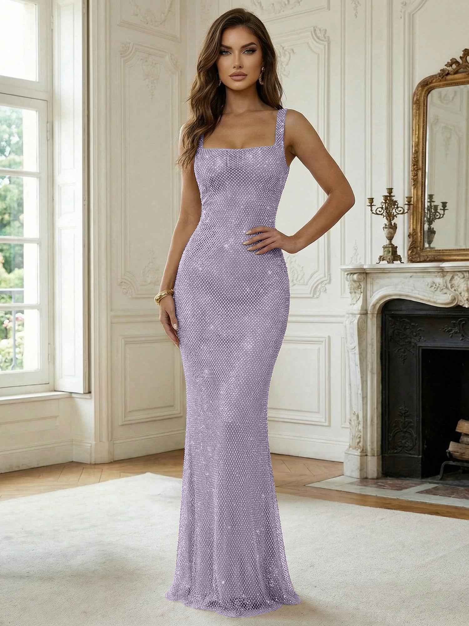 Crystal-Embellished Mermaid Long Prom Dress with Square Neckline