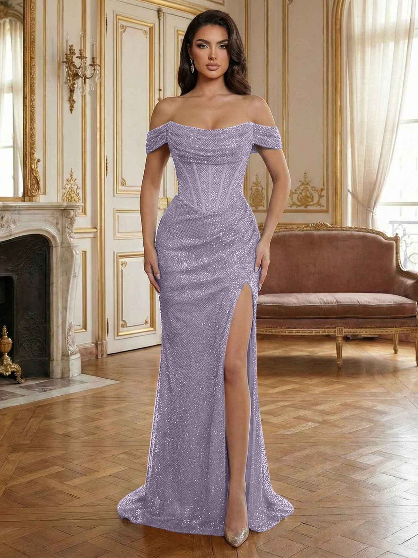 Sequin Off-the-Shoulder Corset Bodice Long Prom Dress with Slit
