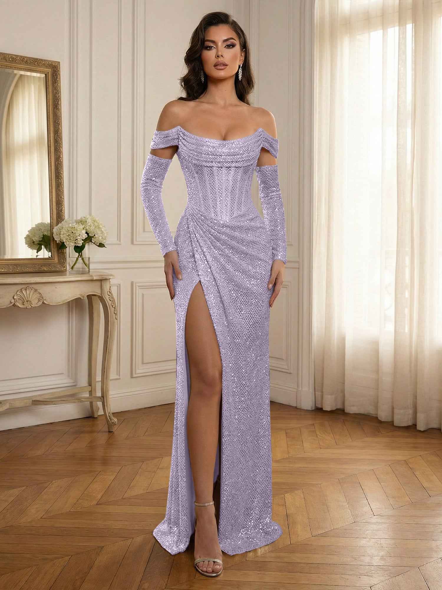 Silver Sequin Off-the-Shoulder Long Sleeves Corset Prom Dress with Slit