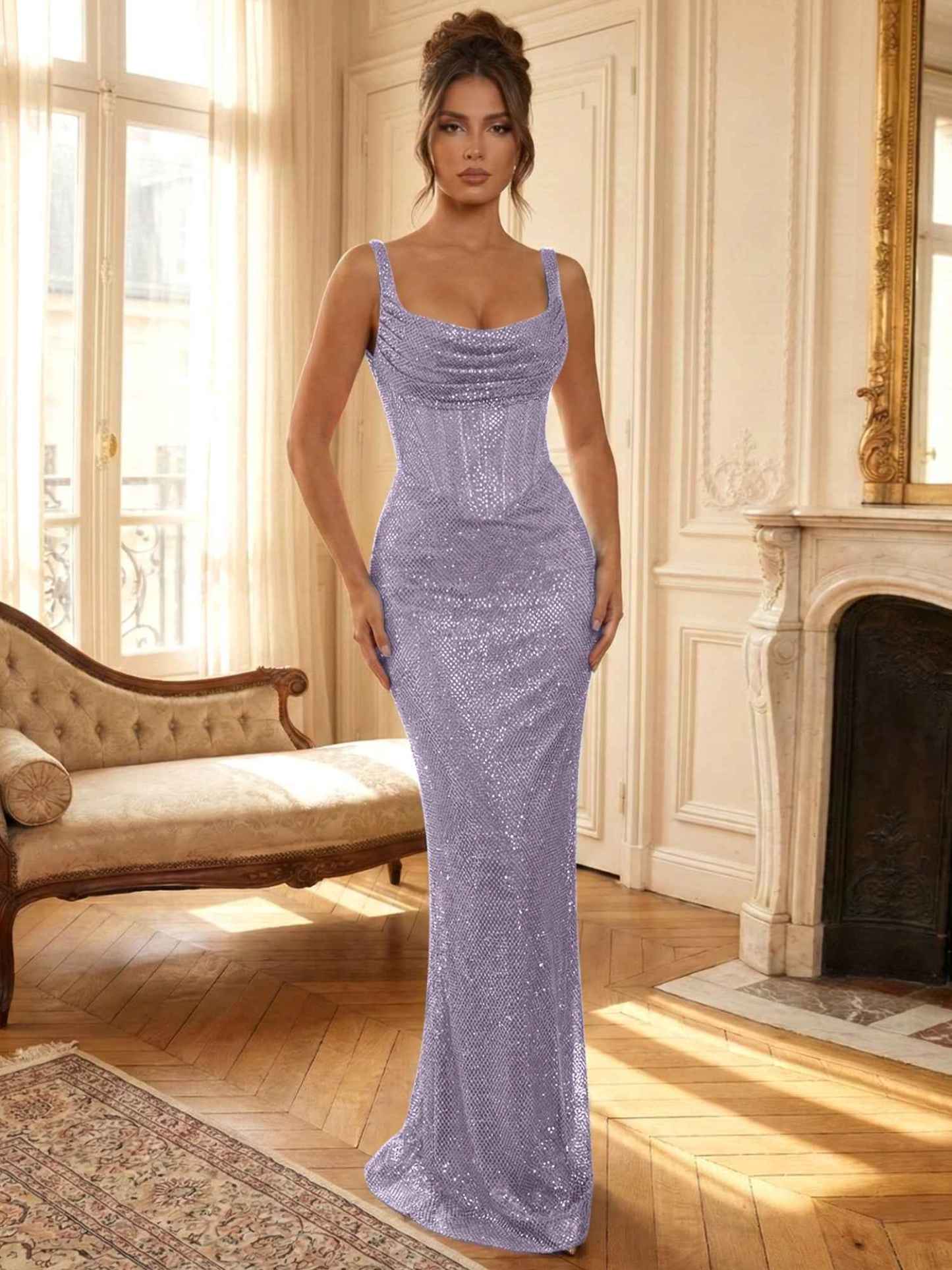 Sparkly Blue Shimmer Cowl Neck Corset Prom Dress