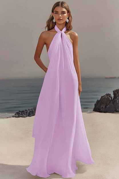 Flowy Sky Blue Chiffon A Line Halter Backless Long Prom Dress