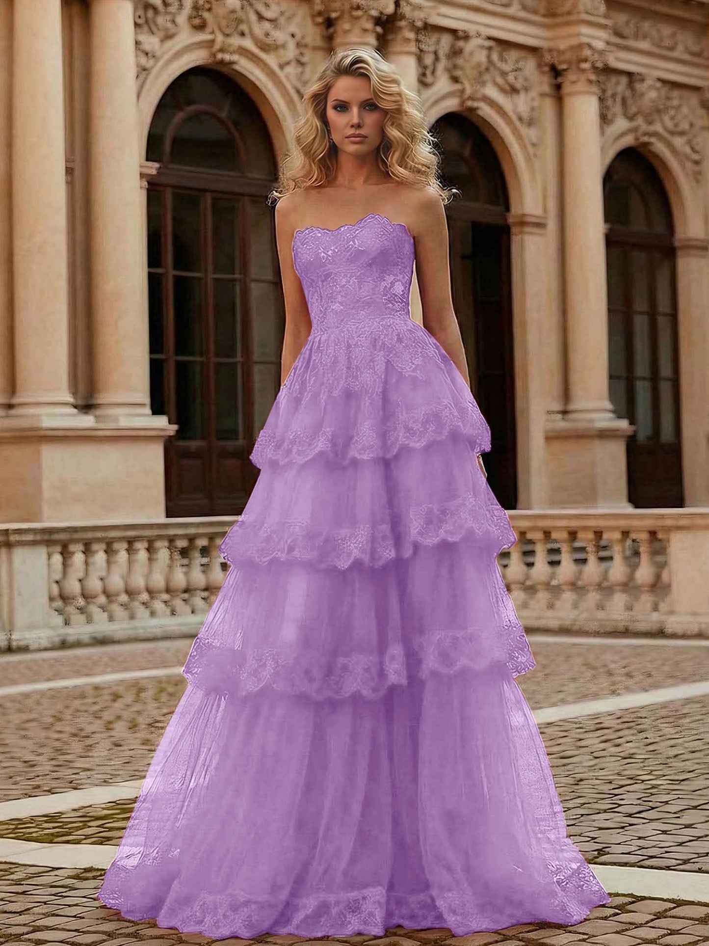 Red Tiered Tulle Strapless Lace Bodice A-Line Long Prom Dress