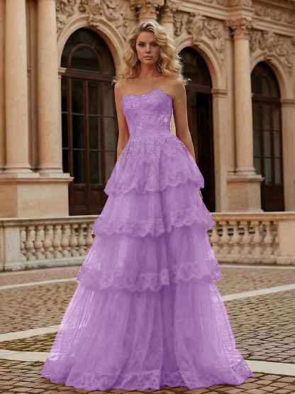 Red Tiered Tulle Strapless Lace Bodice A-Line Long Prom Dress