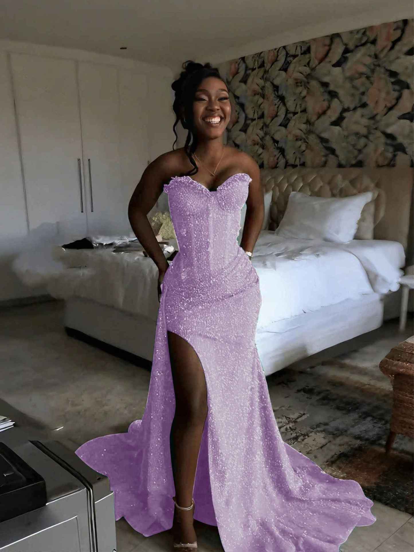 Glitter Strapless Mermaid Sequined Long Prom Dress with Slit