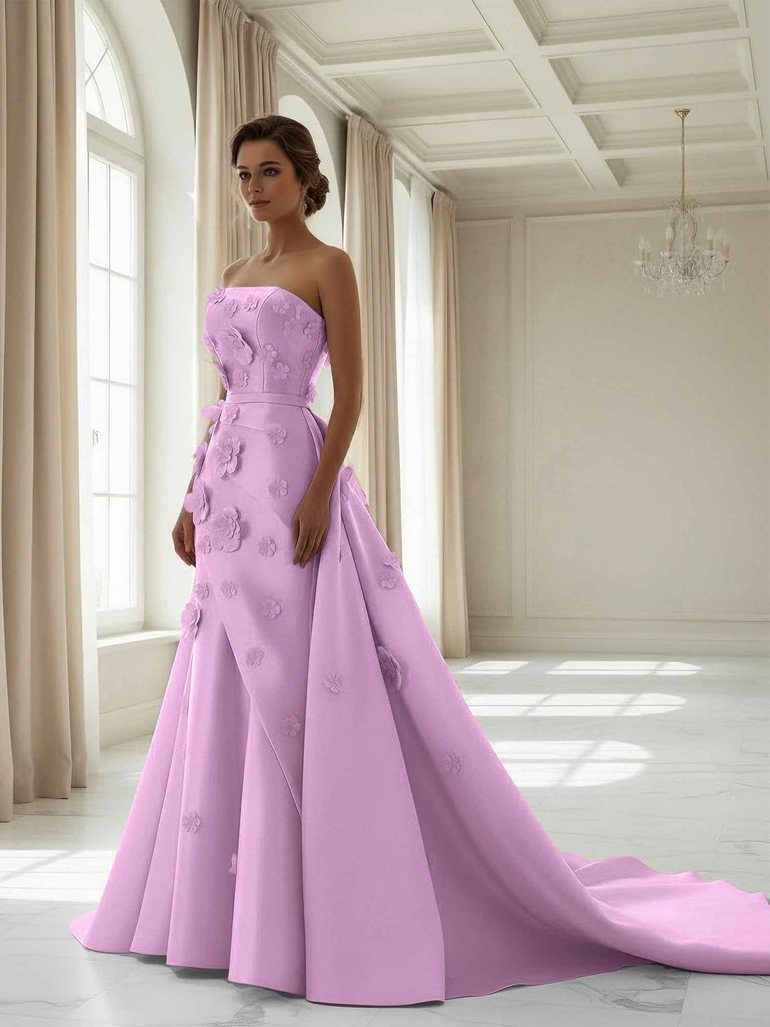Pink A Line Satin Strapless Prom Dress with 3D Floral Appliques