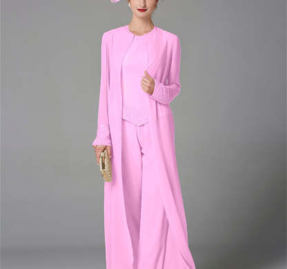 Long-Sleeve Chiffon Mother of the Bride Pantsuit with Jacket and Sequins-BMbridal