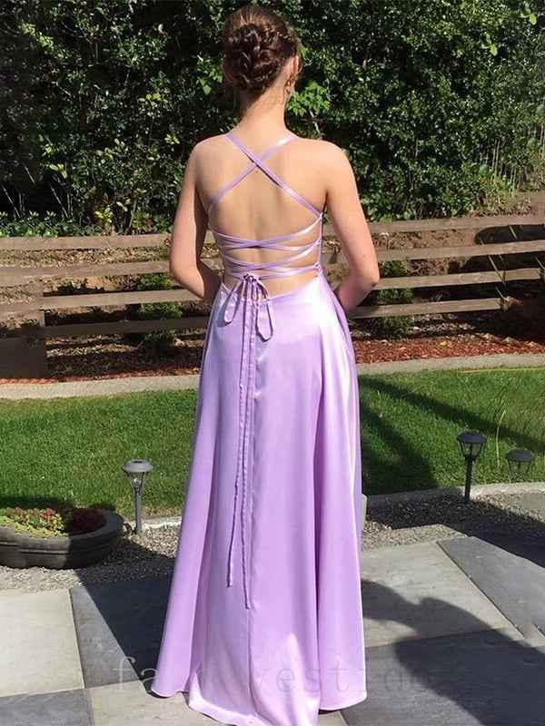 Lilac A-Line Spaghetti Strap Lace-up Back Satin Prom Dress
