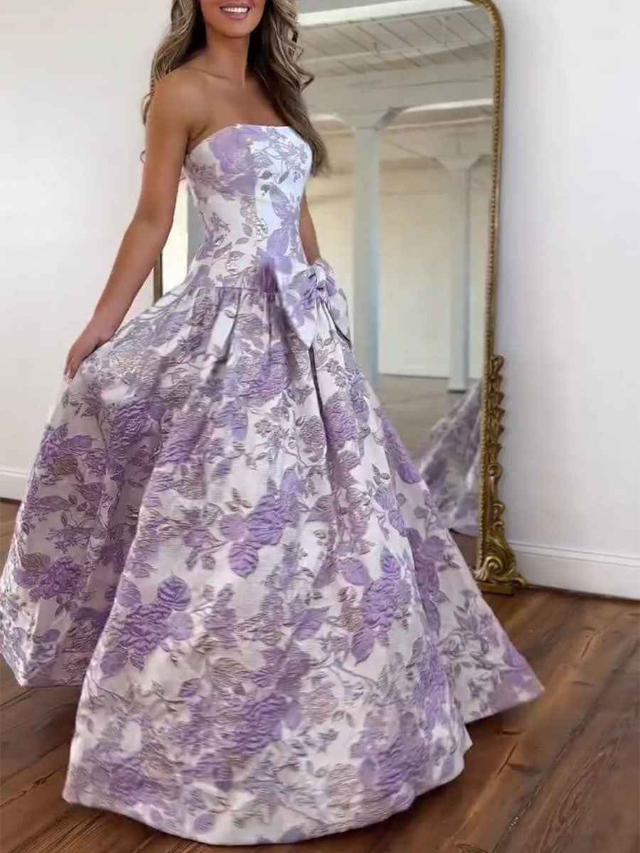 Lilac Floral A Line Strapless Long Prom Dress with Bow