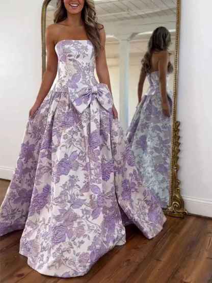 Lilac Floral A Line Strapless Long Prom Dress with Bow