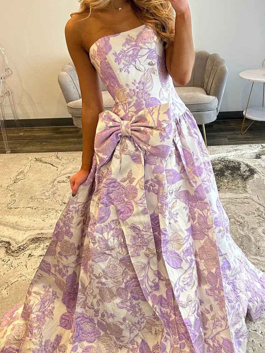 Lilac Floral A Line Strapless Long Prom Dress with Bow
