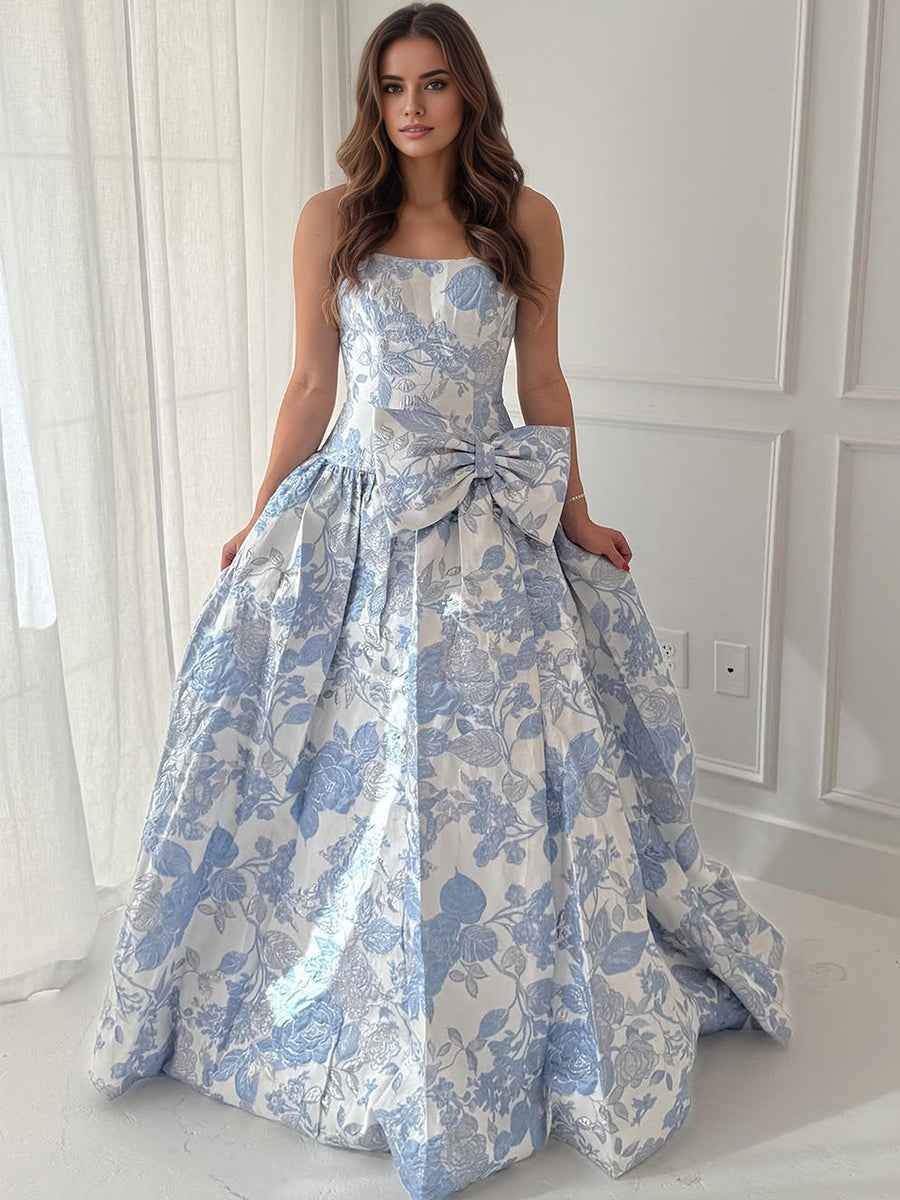 Lilac Floral A Line Strapless Long Prom Dress with Bow