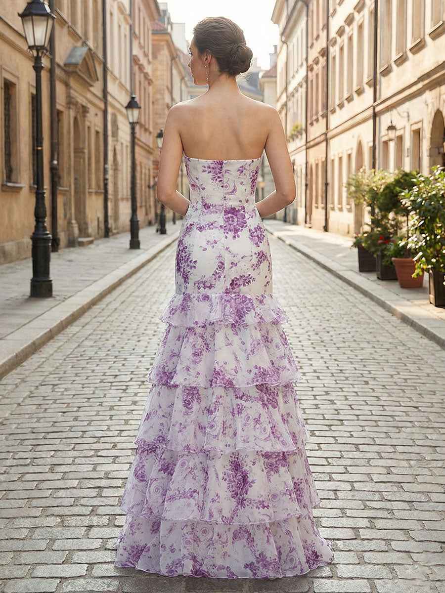 Flower Mermaid Strapless Tiered Print Long Prom Dress with Ruffles
