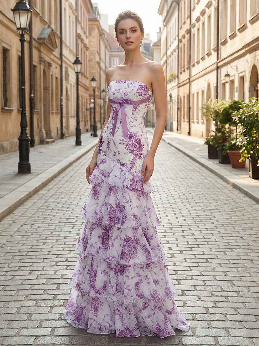 Flower Mermaid Strapless Tiered Print Long Prom Dress with Ruffles