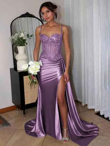 Green Mermaid Spaghetti Straps Bodice Long Prom Dress with Beads