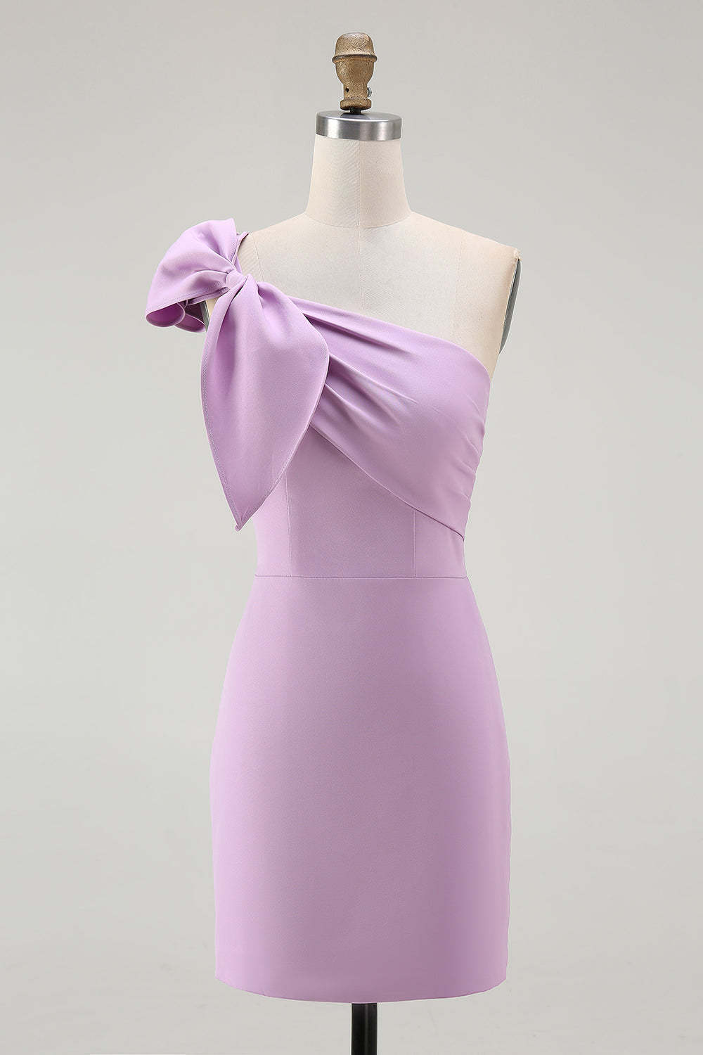 Lilac Satin One Shoulder Ruched Short Tight Homecoming Dress with Bow