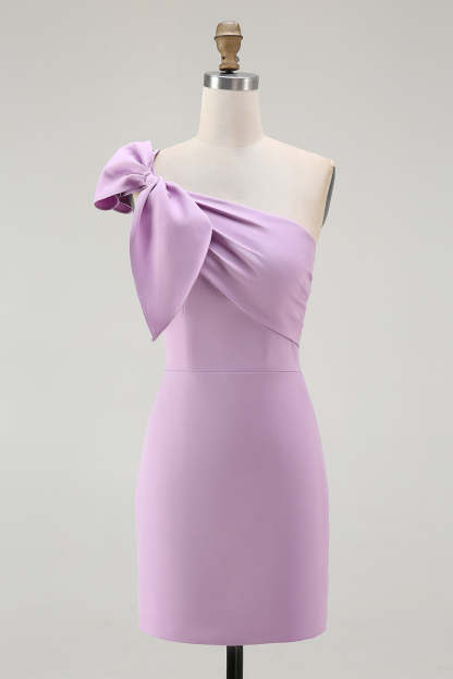 Lilac Satin One Shoulder Ruched Short Tight Homecoming Dress with Bow