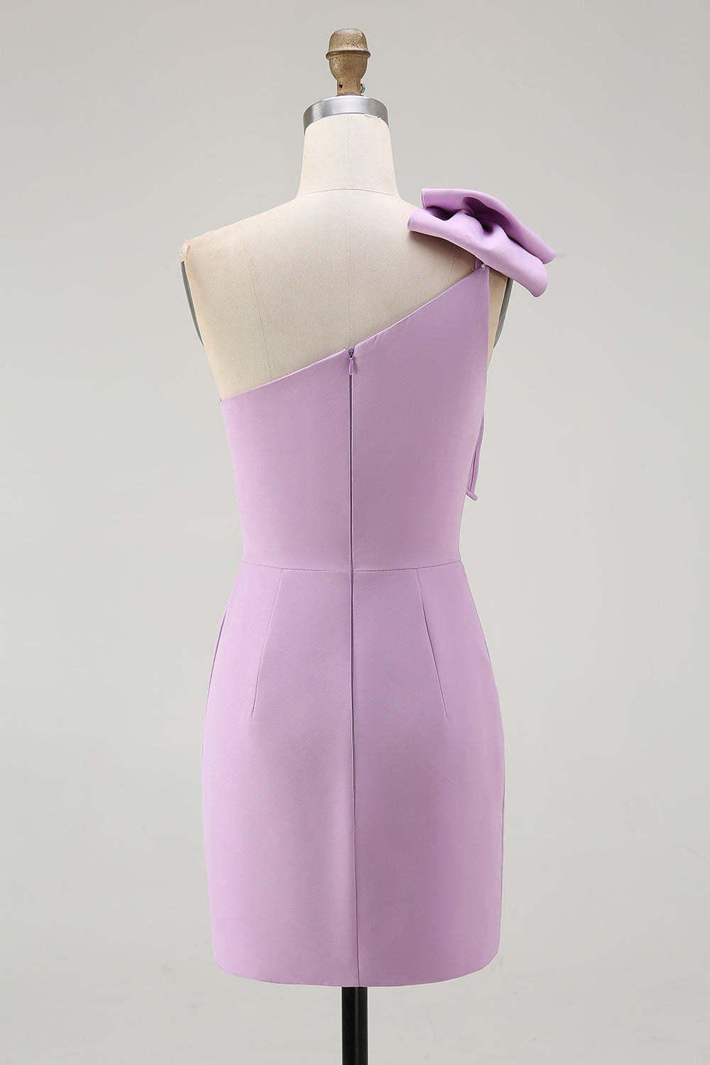 Lilac Satin One Shoulder Ruched Short Tight Homecoming Dress with Bow