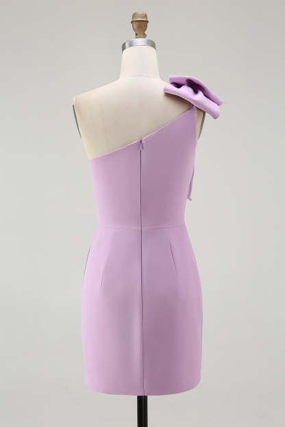 Lilac Satin One Shoulder Ruched Short Tight Homecoming Dress with Bow