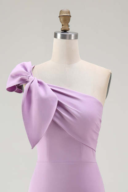 Lilac Satin One Shoulder Ruched Short Tight Homecoming Dress with Bow