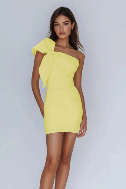 Lilac Satin One Shoulder Ruched Short Tight Homecoming Dress with Bow
