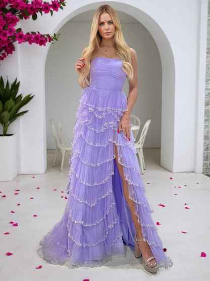 Glitter Light Blue A-Line Strapless Tulle Long Prom Dress with Ruffled Skirt