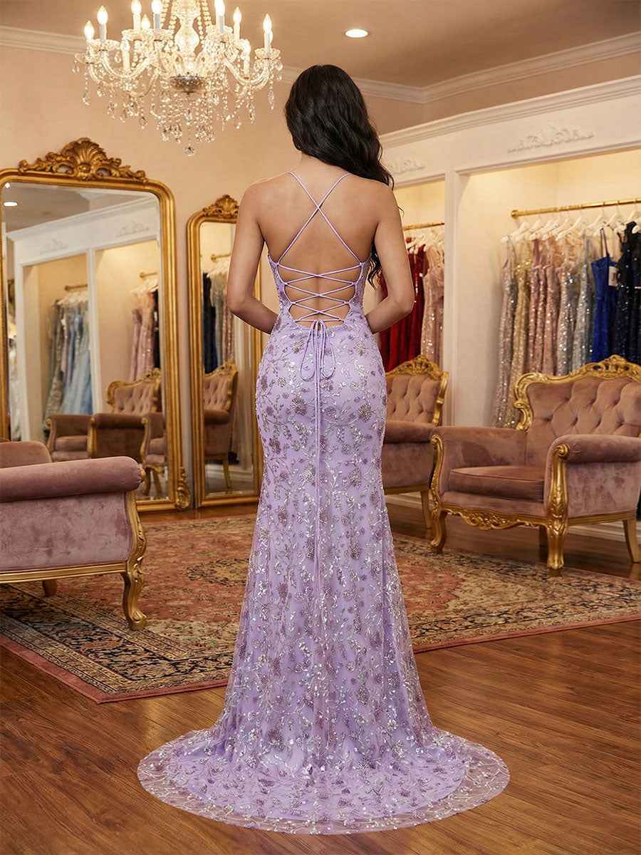 Lilac Floral V-Neck Embroidered Prom Dress with High Slit