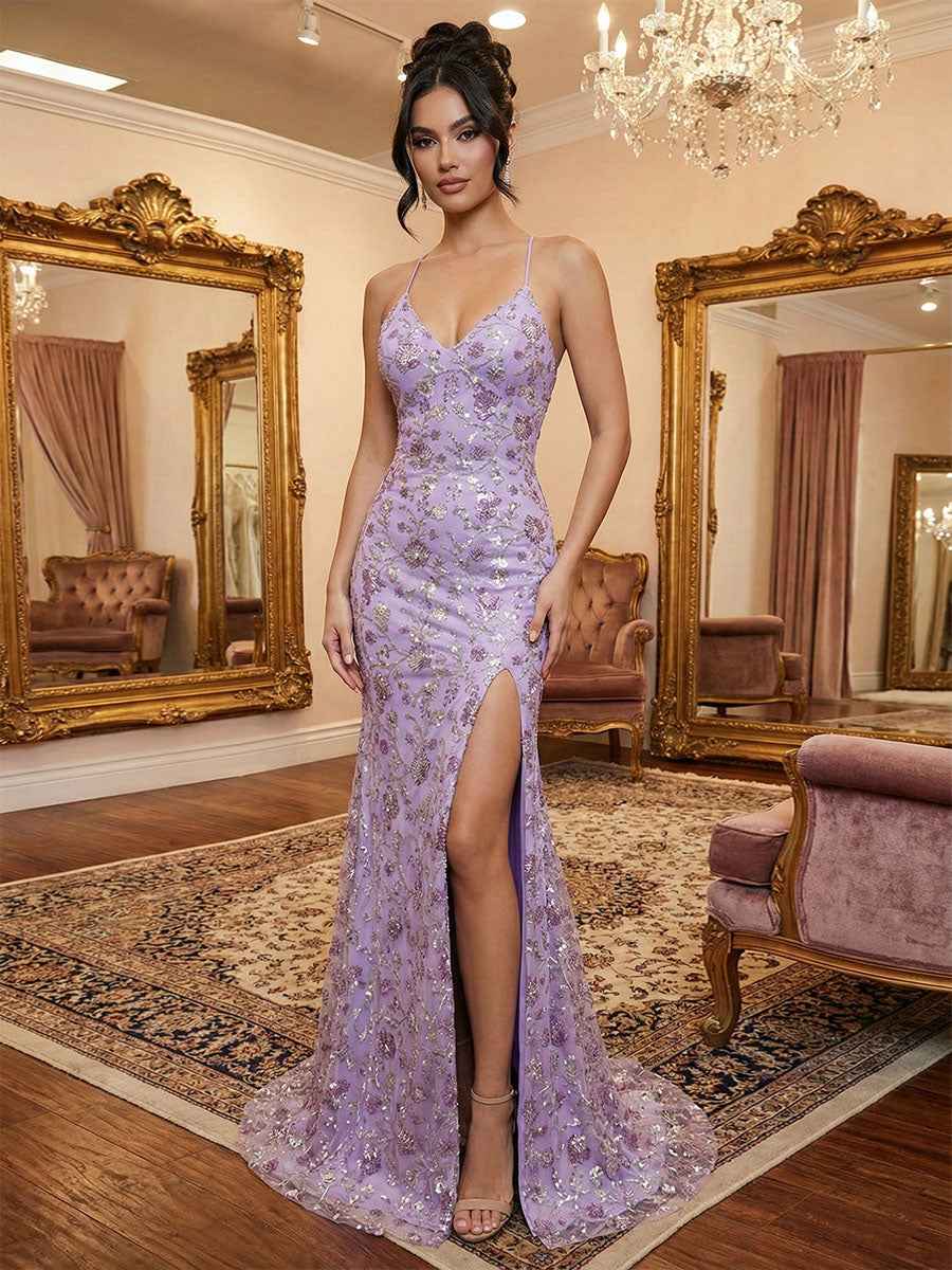 Lilac Floral V-Neck Embroidered Prom Dress with High Slit