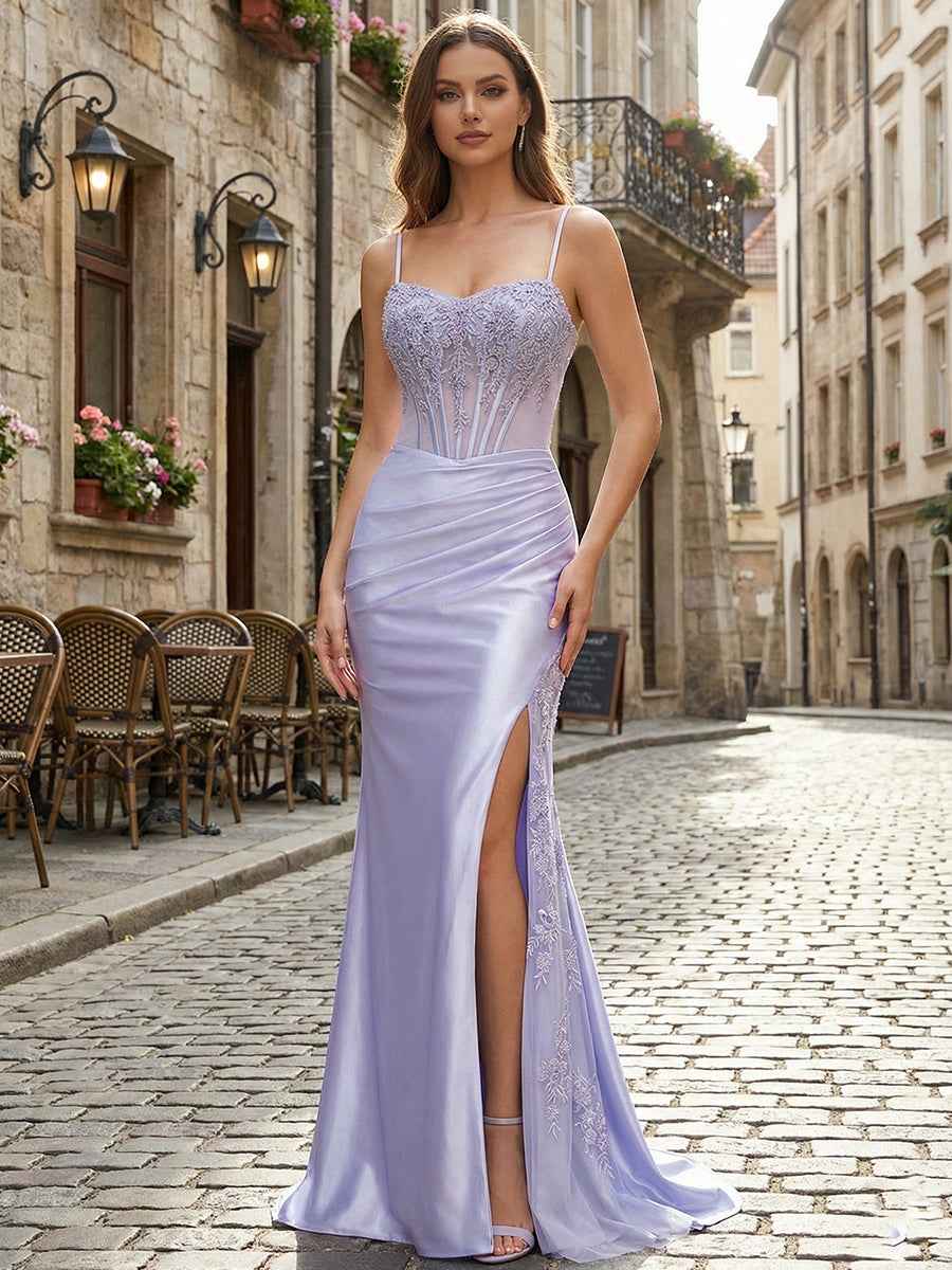 Lilac Lace Applique| Satin Corset Prom Dress with Slit