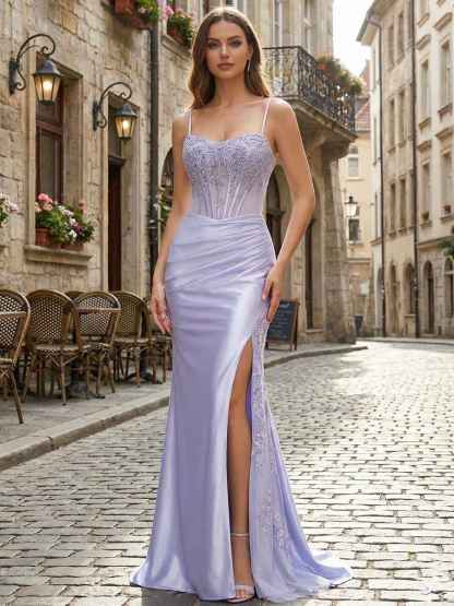Lilac Lace Applique| Satin Corset Prom Dress with Slit