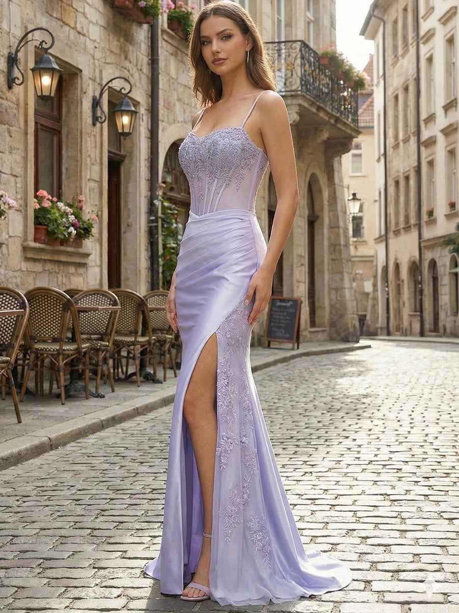 Lilac Lace Applique| Satin Corset Prom Dress with Slit