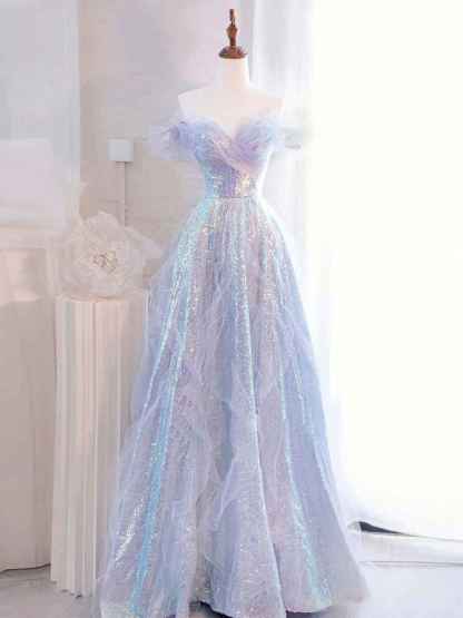 Lilac Off The Shoulder Sequins Ruffle Tulle Boho Prom Dress