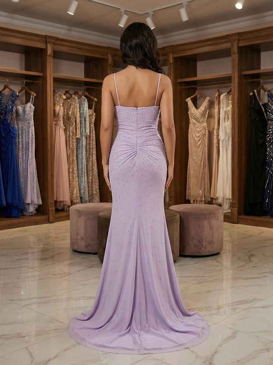 Lilac Ruched Spaghetti Straps Beaded Long Prom Dress with Slit