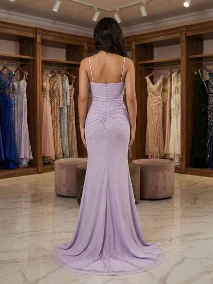 Lilac Ruched Spaghetti Straps Beaded Long Prom Dress with Slit