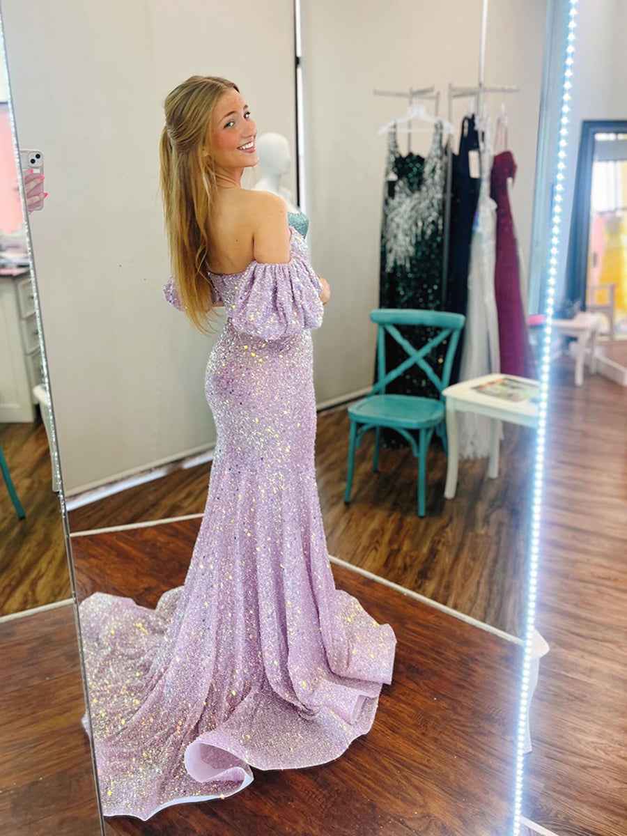 Lilac Sequin Off-the-Shoulder Puff Sleeve Prom Dress